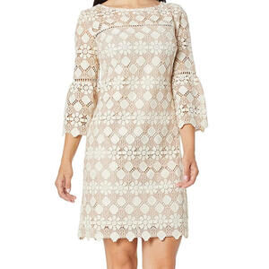 Trina Turk Quinn Bell Sleeve Crochet Shift Dress Tan Beige Feminine Floral 2